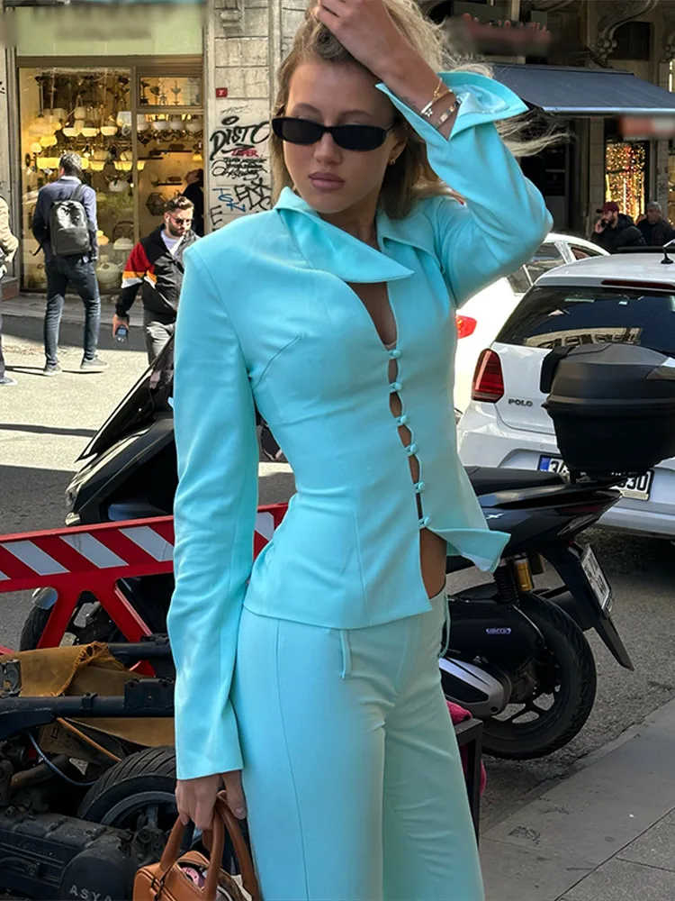 Solid Single Breasted Women's Suits Long Sleeve Slim Low Waist Pant Lady Spring Autumn High Street Fashion Casual Sets 2026