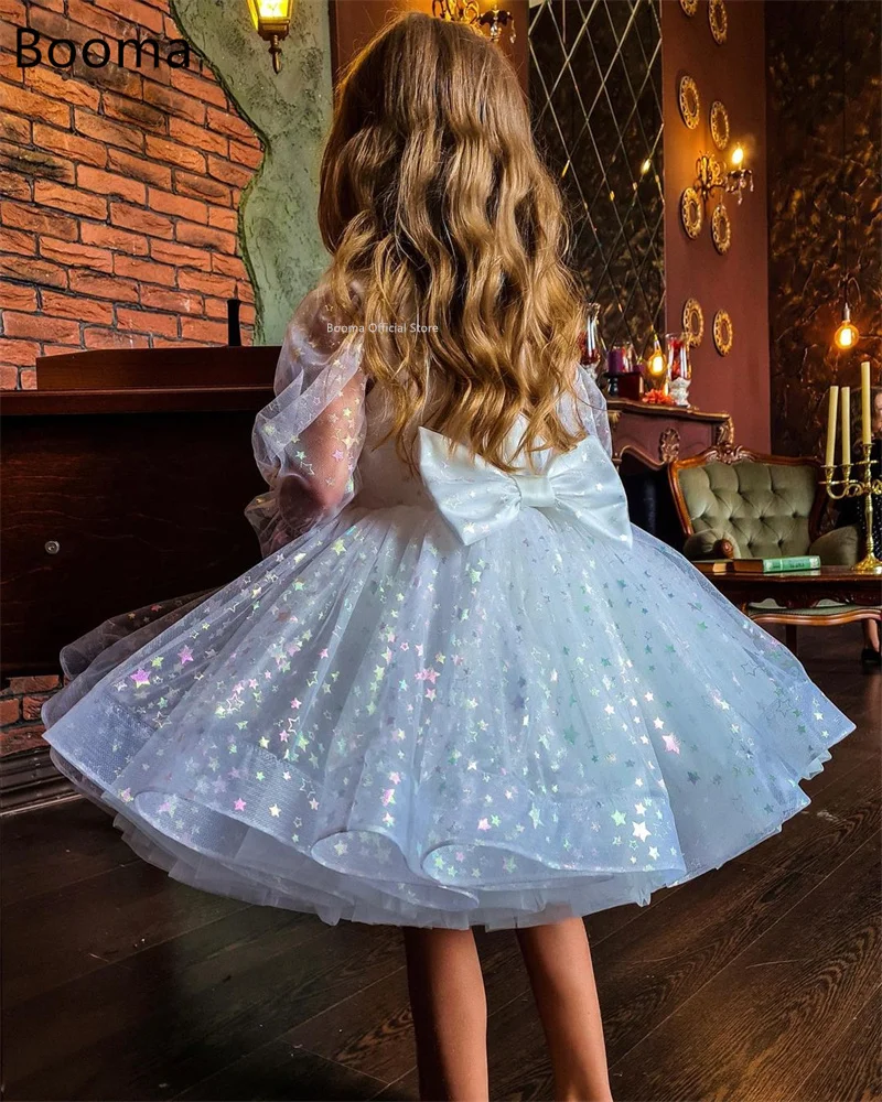 Booma Flowers Girl Dresses Tulle Short Sleeve Bow Wedding Party Dress for Kids Girls Prom Gowns Customized