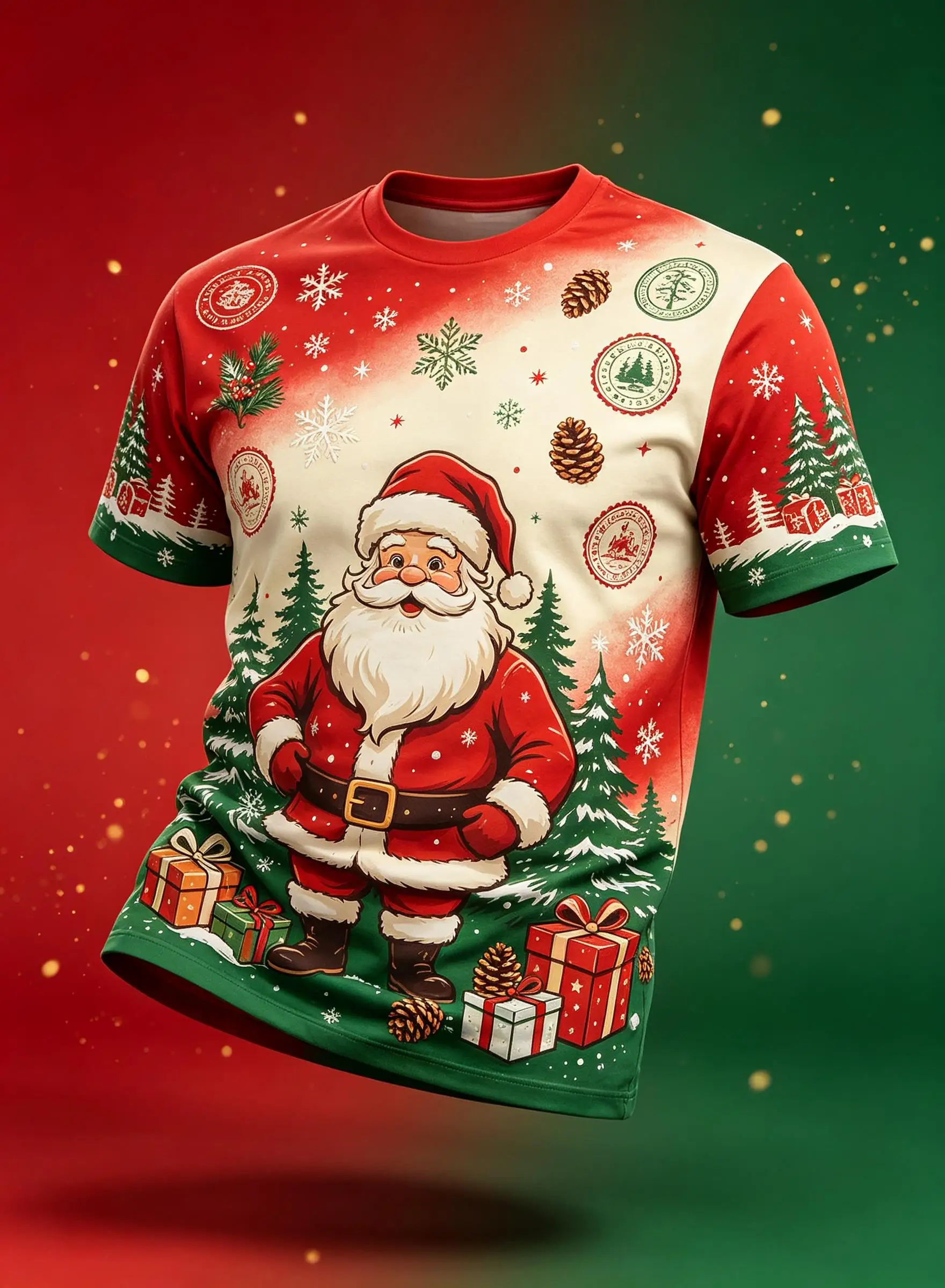 Mens Christmas Short Sleeve T Shirt Red Green Gradient Santa Pine Tree Gift Box Snowflake Print Holiday Top