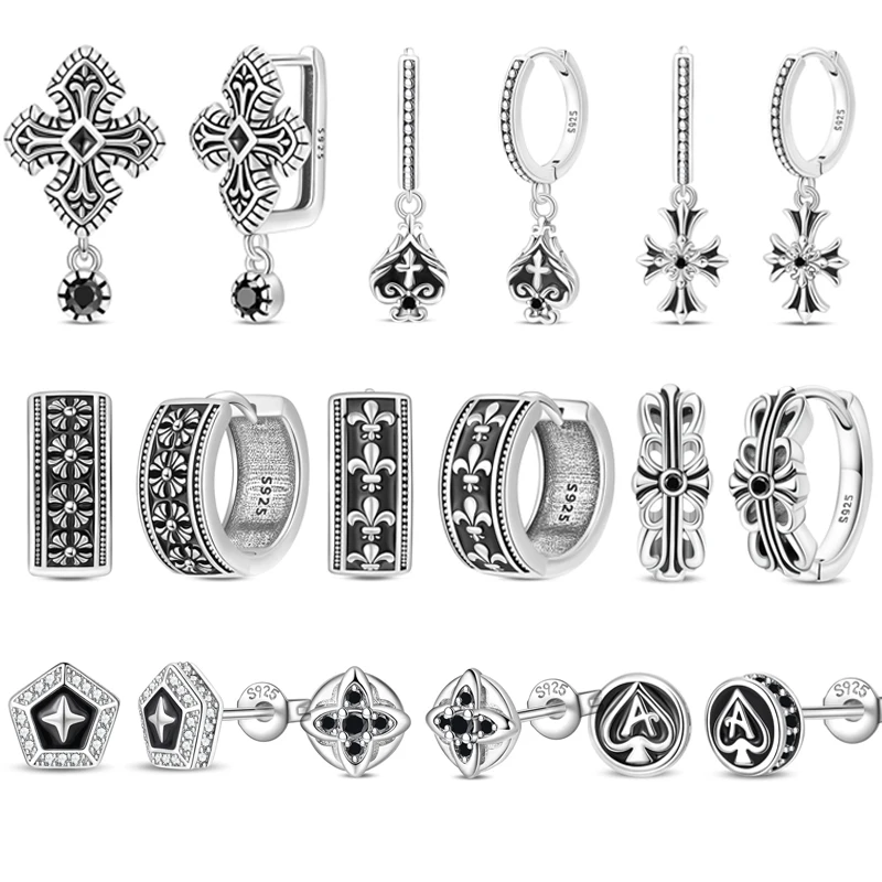S925 Silver Vintage Cross Hoop Earrings for Women, Black CZ Inlaid Gothic Engraved Ear Buckles Spade A Card Punk Fashion Jewelry