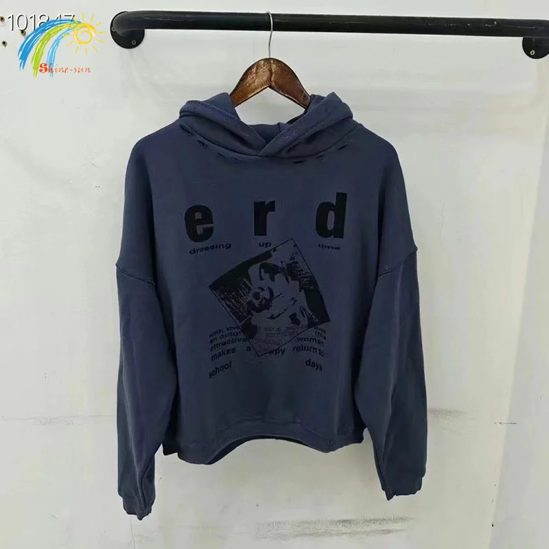 

Hip Hop Vintage Washed Blue Damaged Enfants Riches Deprimes Hoodie Hoode Men Women 100% Cotton Short Wide ERD Pullovers With Tag