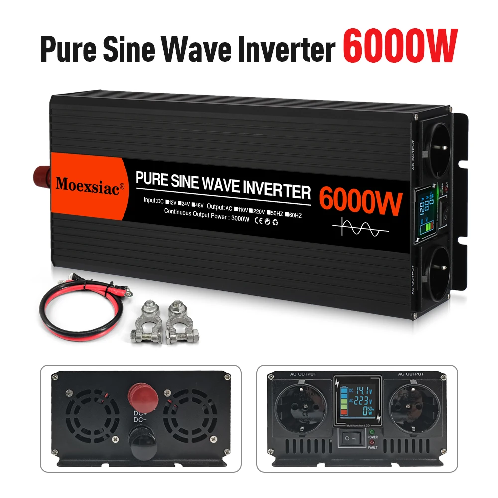 Moexsiac Zuivere Sinusgolf Solar Inverter 4000W 5000W 6000W Dubbele EU-aansluiting DC 12V 24V 48V naar AC 220V 50Hz 60Hz Spanningsomvormers