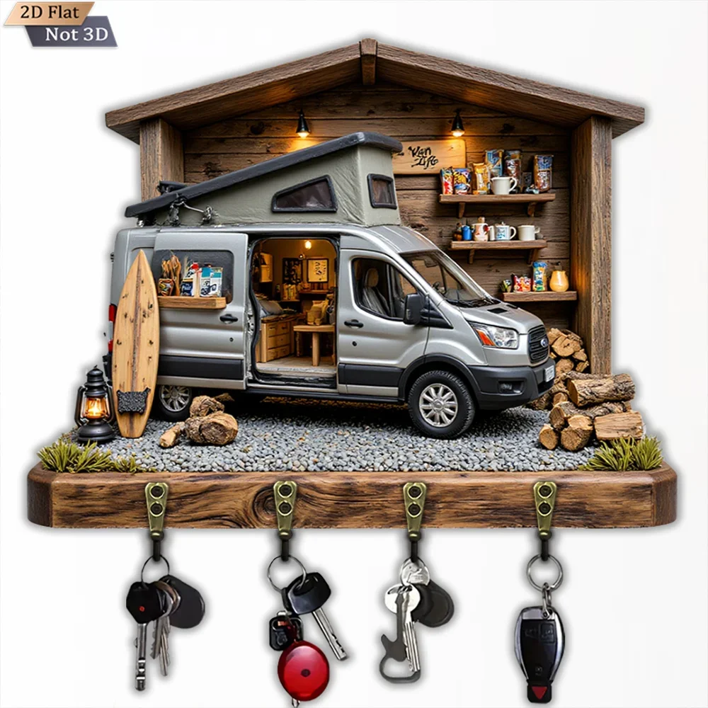 2D Flat, 1pc, Campervan Shaped Key Hook, Wooden Multifunctional Home House Key Hanger with 4 Metal Hooks, Wall Decoration,