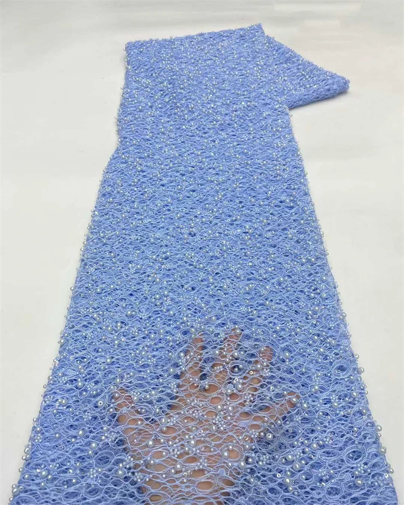 

African Lace FabricHandmade Beaded Lace Fabric France Sequins Nigerian Embroidery Bridal Mesh Lace Fabric For Sewing