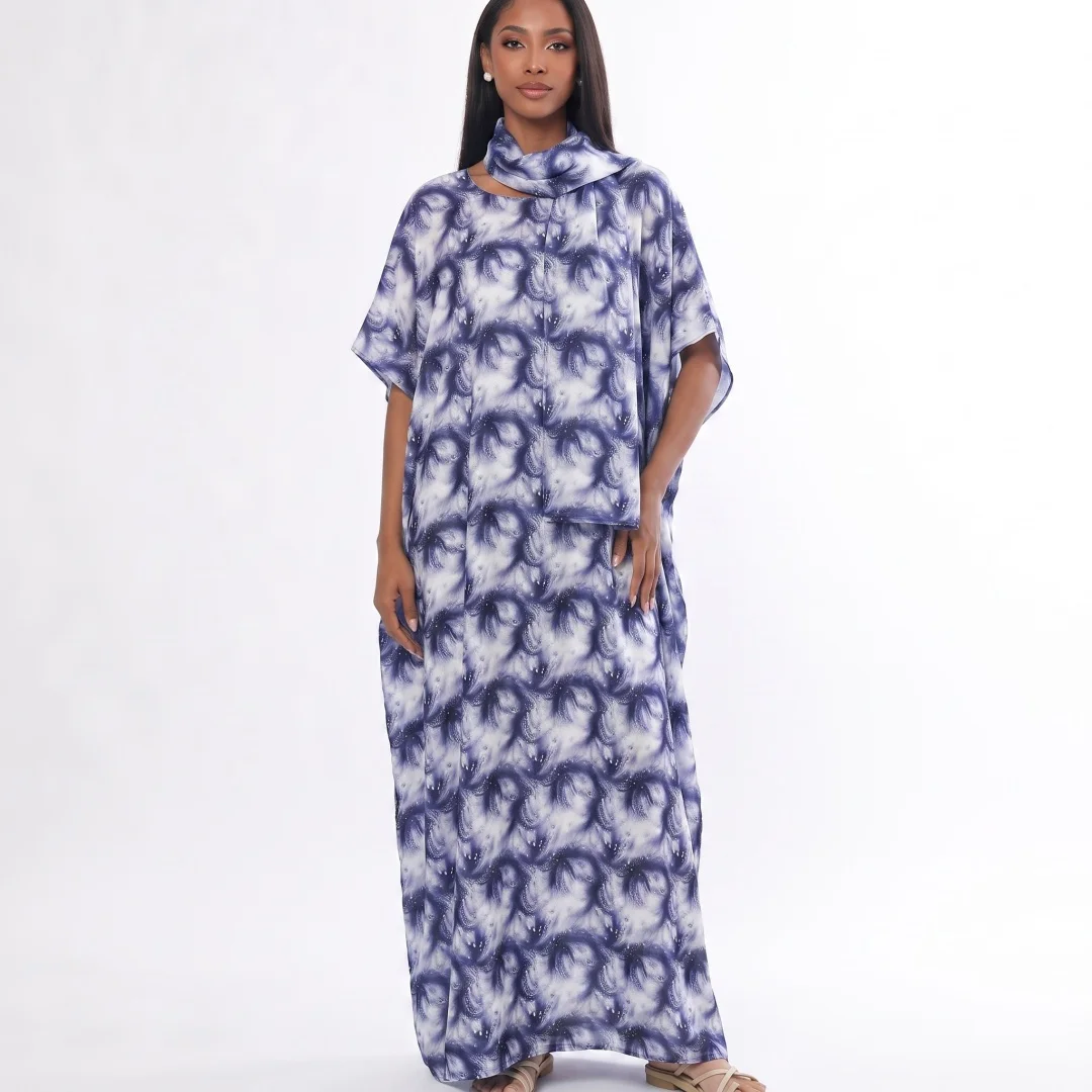 Women Grey Marble Ginkgo Print Abaya Set With Matching Hijab Short Sleeve Loose Side Split Kaftan Muslim Ladies Daily Modest