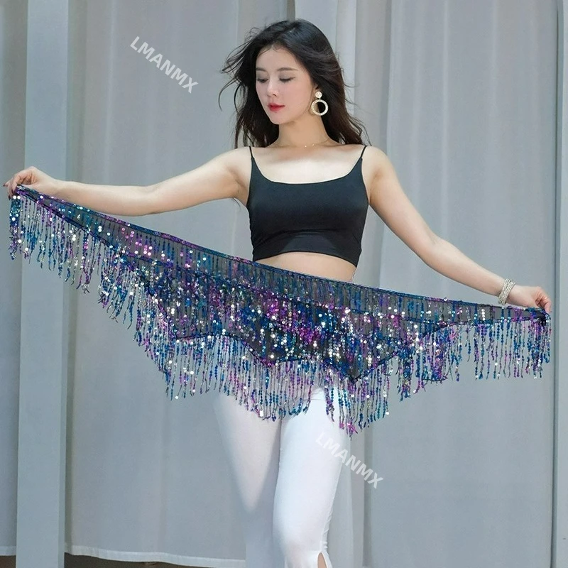 Belly dance waist chain new shiny piece tassel hip scarf Jazz dance square dance belt versatile performance waist scarf