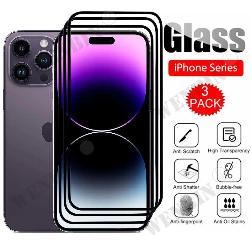 

3 Pcs Tempered Glass For iPhone 15 14 13 12 11 Pro Max Plus Mini 8 7 Plus SE Full Cover Screen Protector