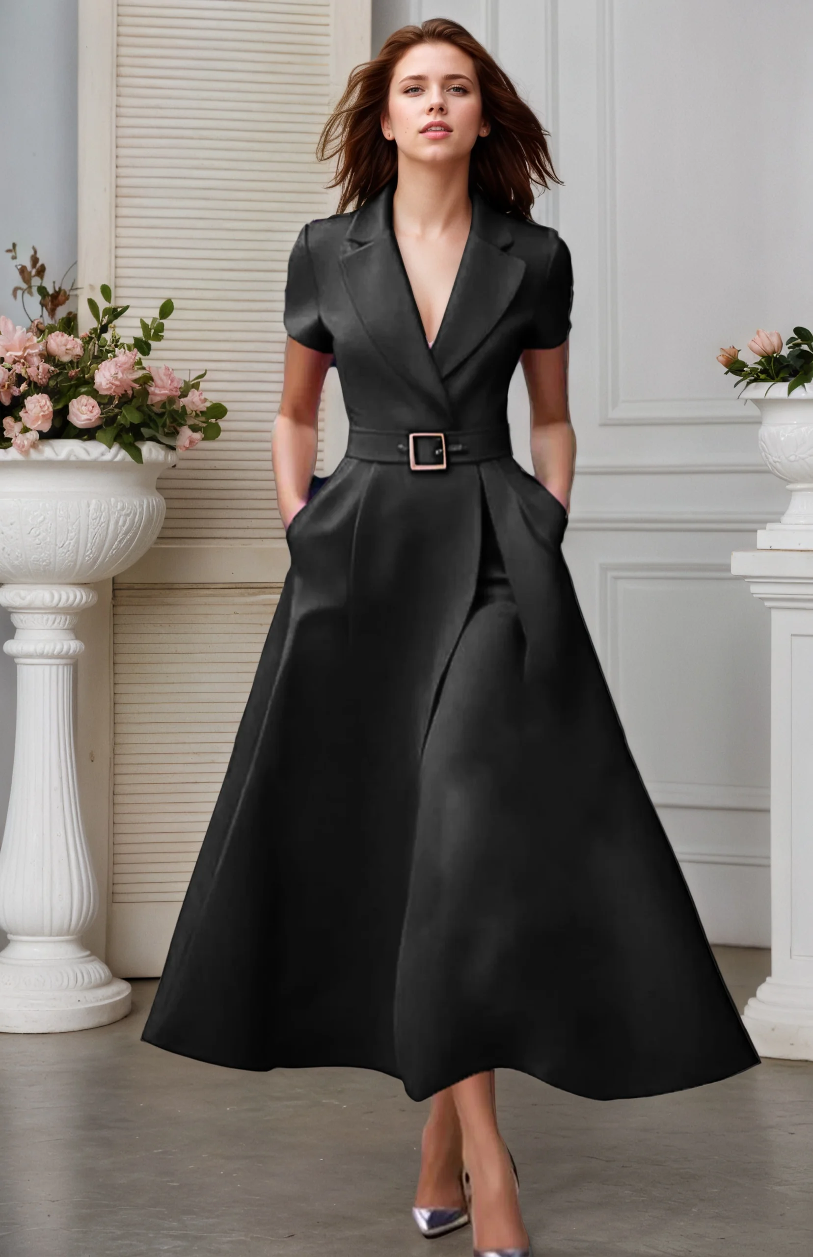 فستان نسائي أنيق مكتب سيدة مزاجه كم قصير ألف خط فستان طويل أنثى ميدي حفلة فيستدوس رداء مع حزام 2025 #5