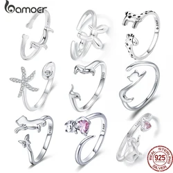 Bamoer Genuine 925 Sterling Silver Cute Cat And Dog Adjustable Ring For Women S925 Open Animal Ring Fine Jewelry Accessories