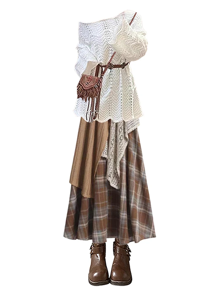 Women's Hollow out Patchwork Plaid  Skirt And Top Set Autumn Design Sense Two Piece Set Long Sleeve round Neck Knitwear