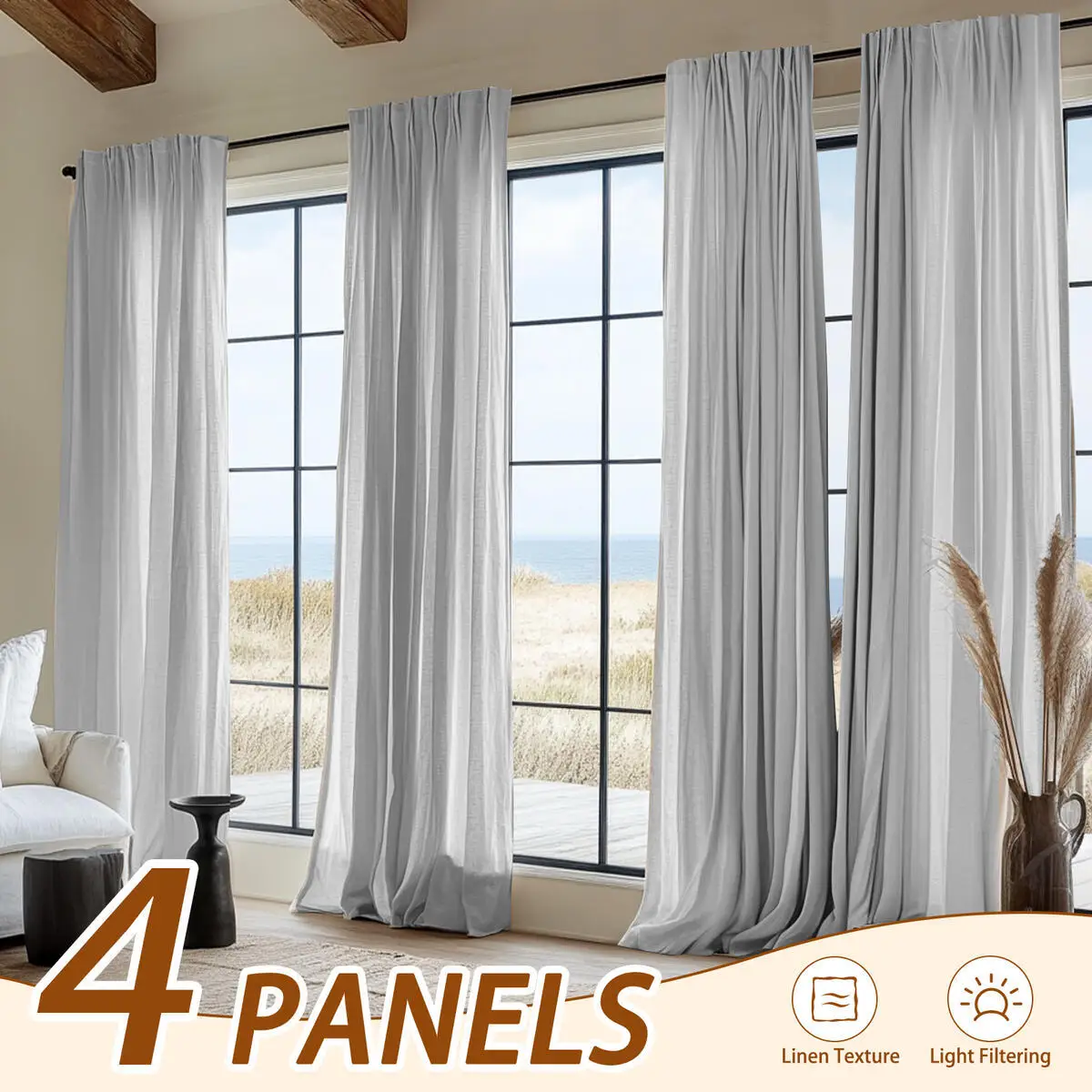 JINCHAN 4pcs Set Curtains For Living Room Bedroom Rod Pocket Linen Blend Curtain Light Filtering  Farmhouse Window Drapes