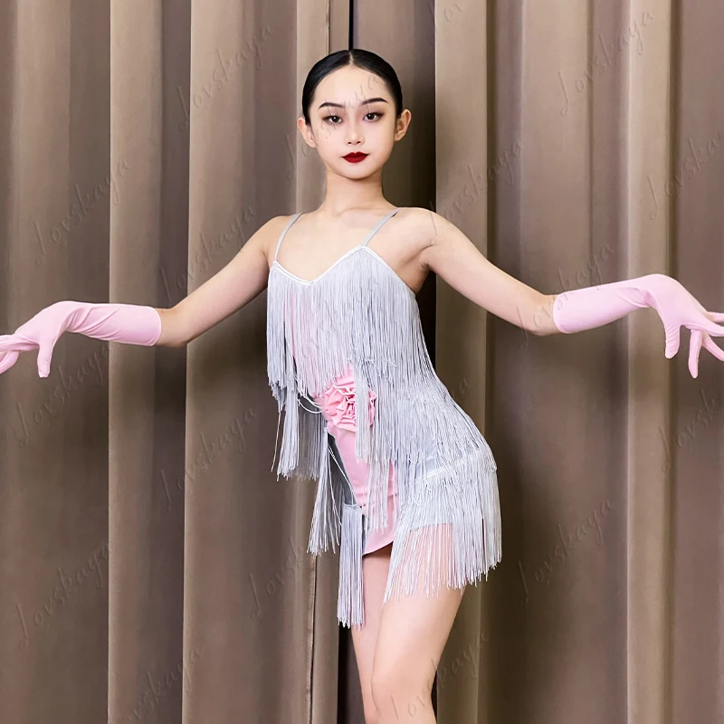 Mädchen-Lateintanz-Ensemble mit Fransenrock, Übungs- und Performance-Anzug für Kinder für Herbst und Winter