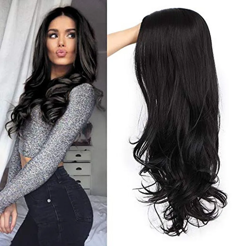 Natural Black Long Body Wave Synthetic Women Wigs Daily Cosplay Synthetic Women Hair Wig Heat Resistant Daily Party Use