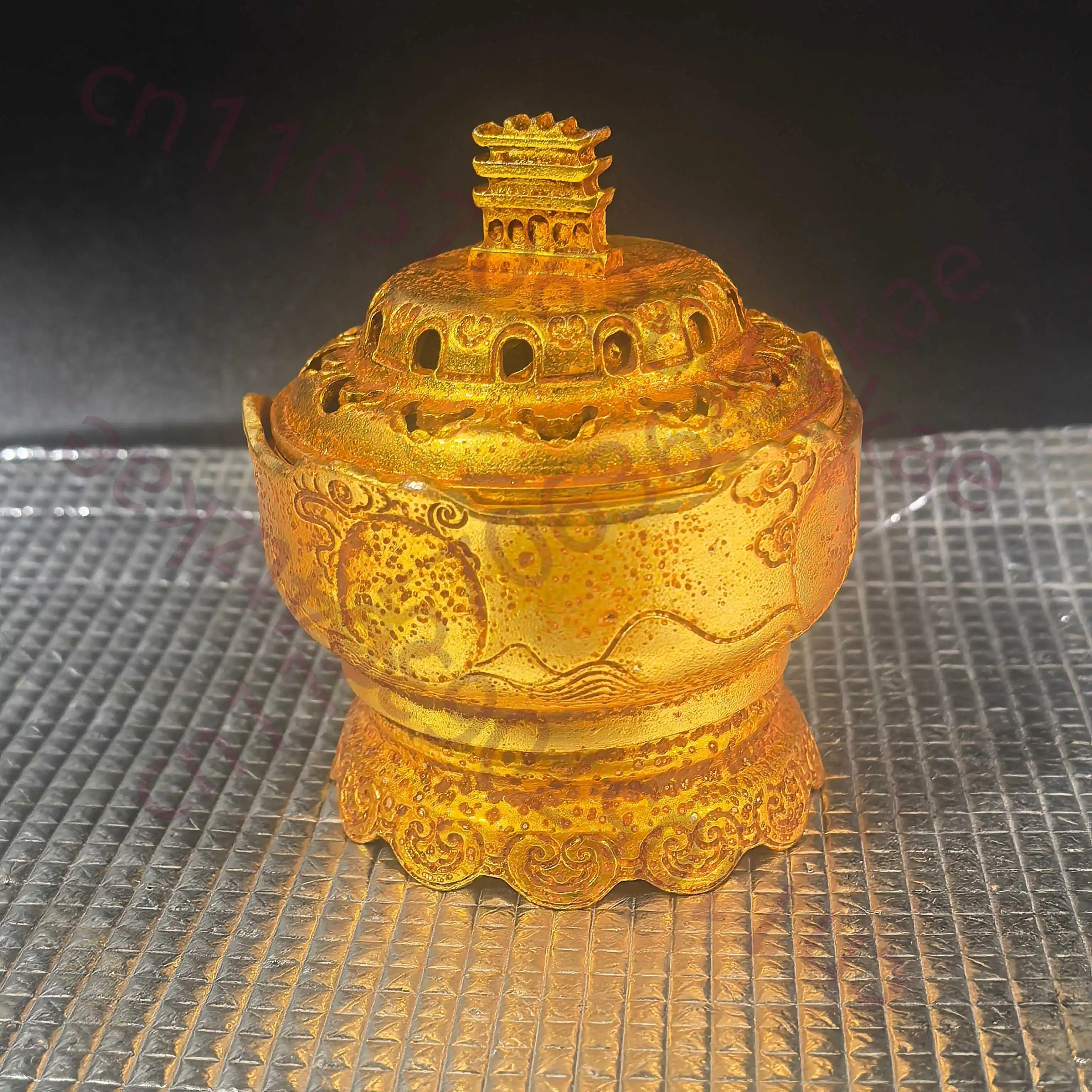 

Chinese Folk Collection of copper Relief Dunhuang Fushan gold color Incense Stove Decoration for living room