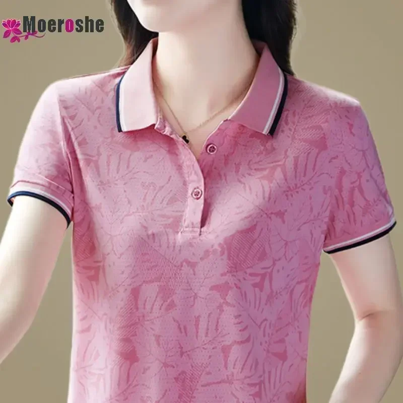 Moeroshe Short-sleeved T-shirt Women's New Summer Fashion Age-reducing Quick-drying Thin Top Medium Strecth Polo Shirt lapel