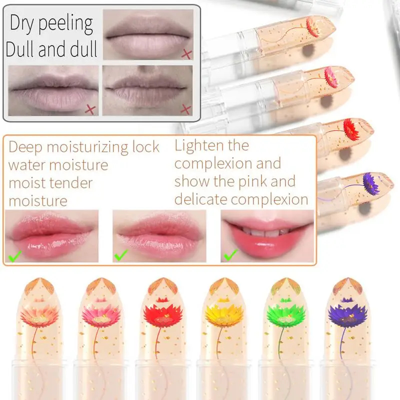 Flower Jelly Lipstick Moisturizing Long-Lasting Clear Color Changing Lipstick 3PCS PH Lipstick Color Changing Lip Moisturizer