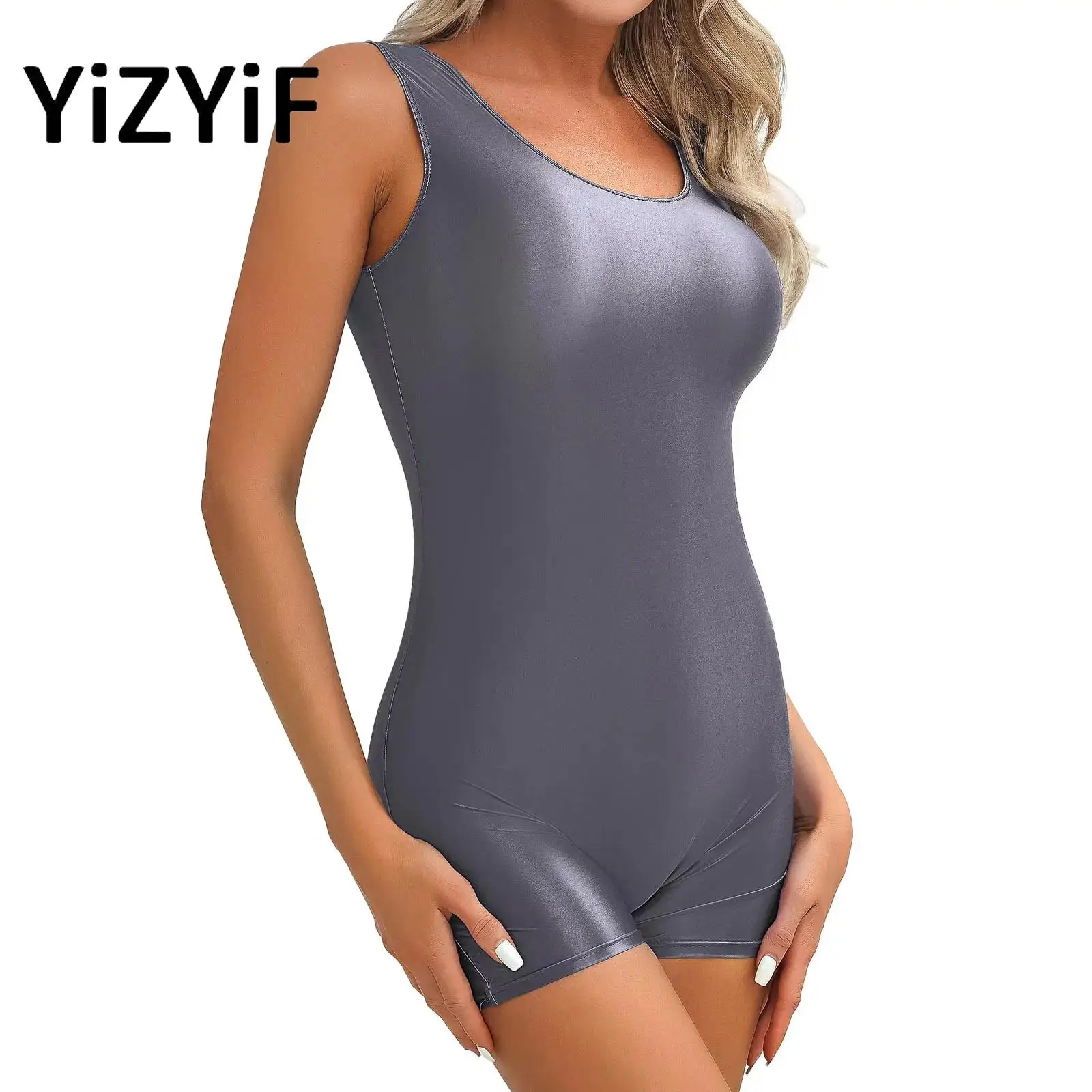 

Womens Sexy Oil Glossy Shiny Swimsuit Boxer Short Tank Leotard Bodysuit U Neck Stretchy Tights Clubwear One Piece Swimming Suit