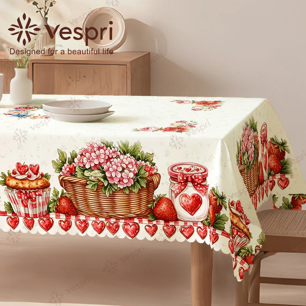 Vespri Frühlingstischdecke Blumenmuster Pastell Ostertischdecke Weiß Rot Rund Rechteckig Oval Polyester Kuchen Blumen Erdbeeren