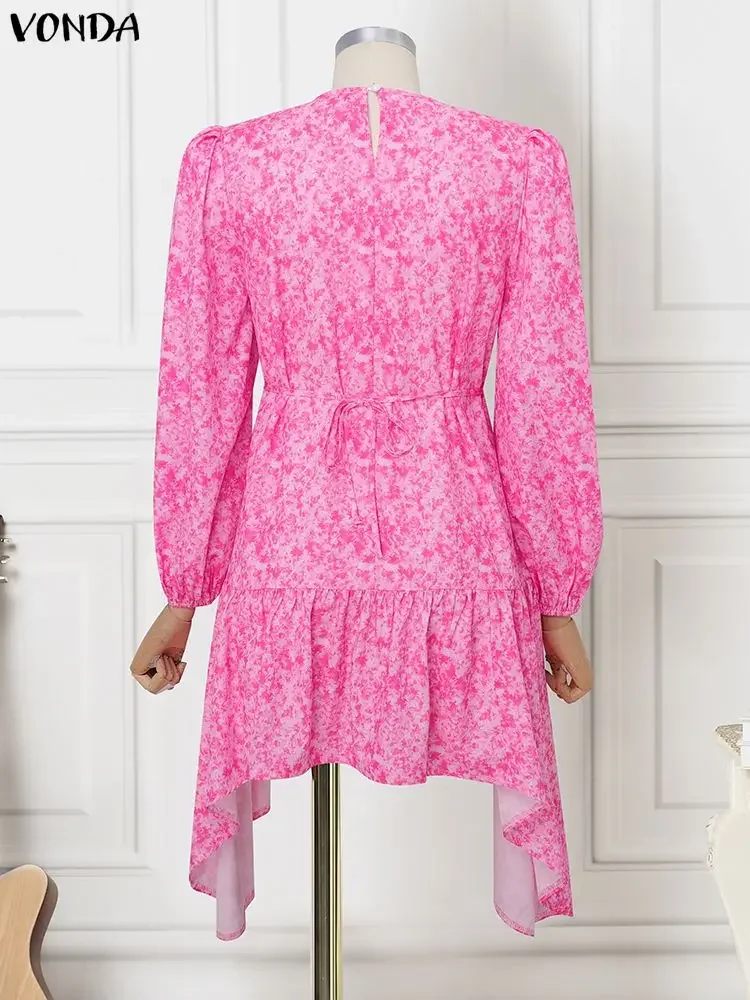 VONDA Sukienka Mini w Stylu Boho z Nadrukiem, Damska, z Długimi Bufiastymi Rękawami, Asymetryczna, Seksowna, Vestidos, Codzienna, Elegancka, na Imprezę, Letnia Sukienka, Szlafrok