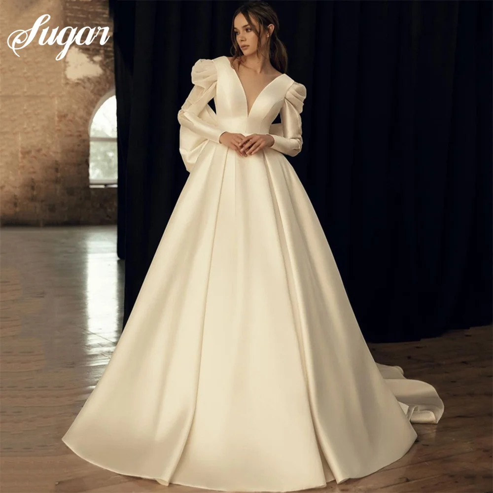 Elegante abito da sposa con maniche lunghe A sbuffo con scollo A V 2023 senza schienale con fiocco A Line abito da sposa in raso Robe De Mariee Vestidos De Novia