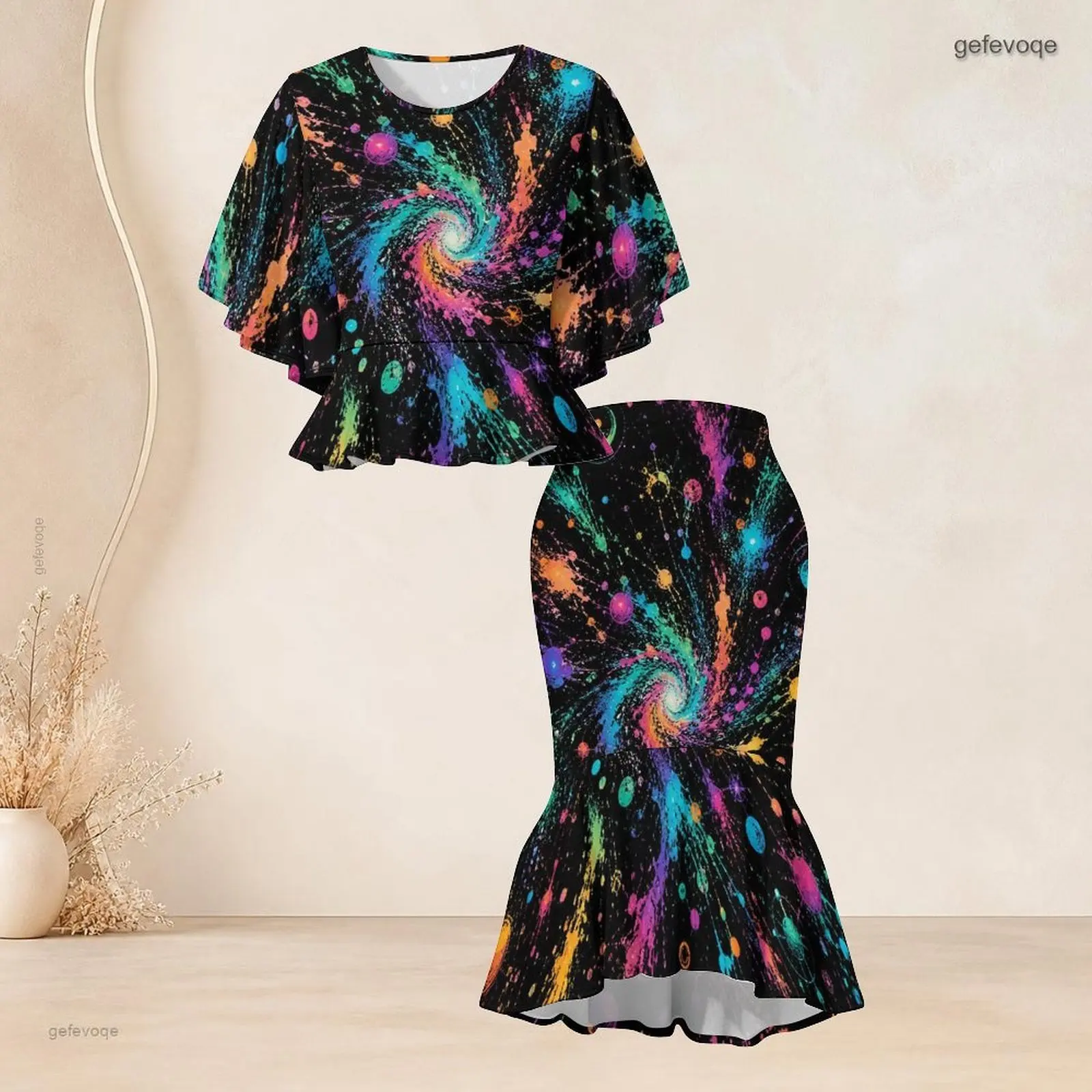 Printed Skirt Set for Women Batwing Sleeve Ruffle Hem Top Fishtail Skirt Two Piece