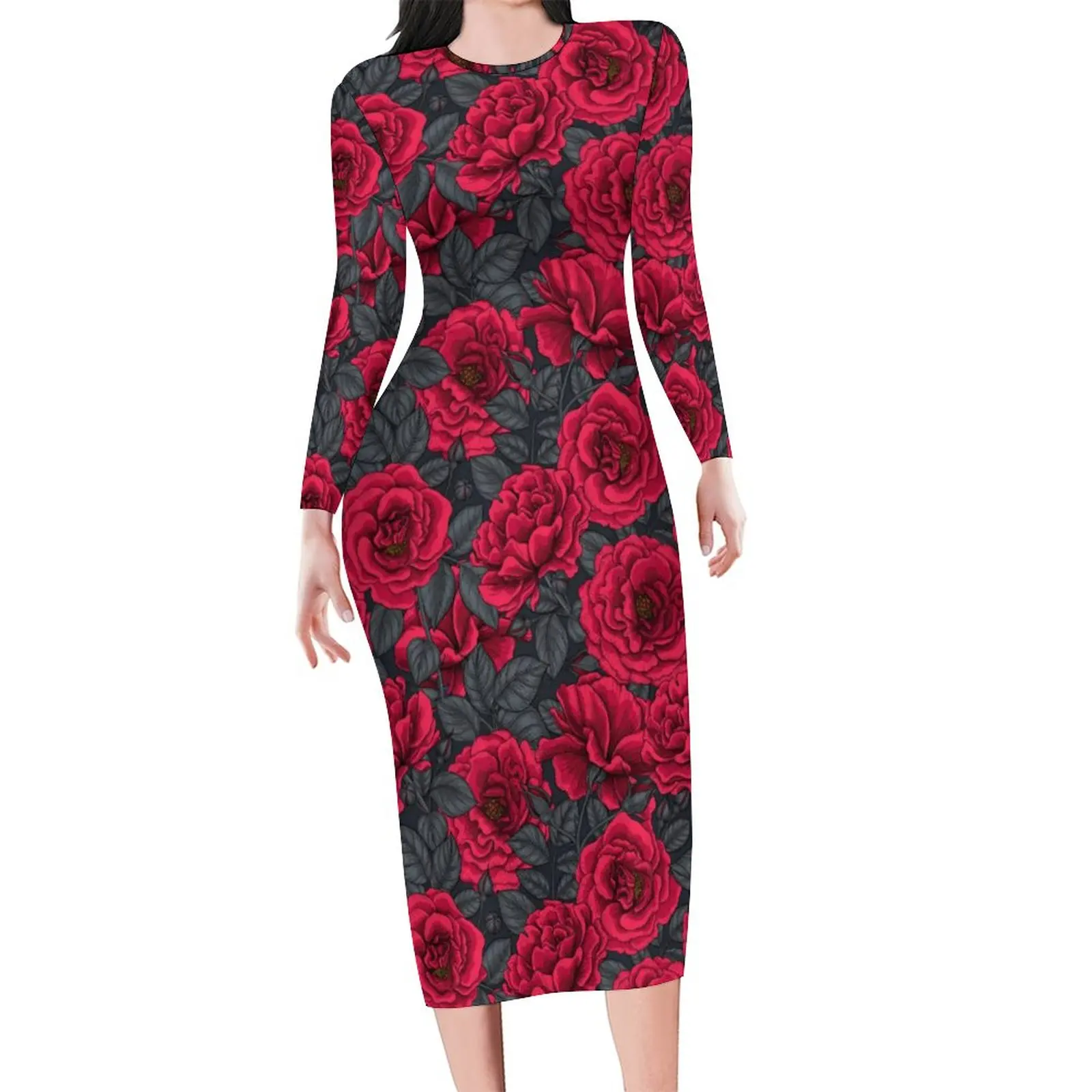 Red Roses Bodycon Dress Womens Gray Leaves Print Modern Dresses Spring Long Sleeve Street Fashion Design Dress Large Size