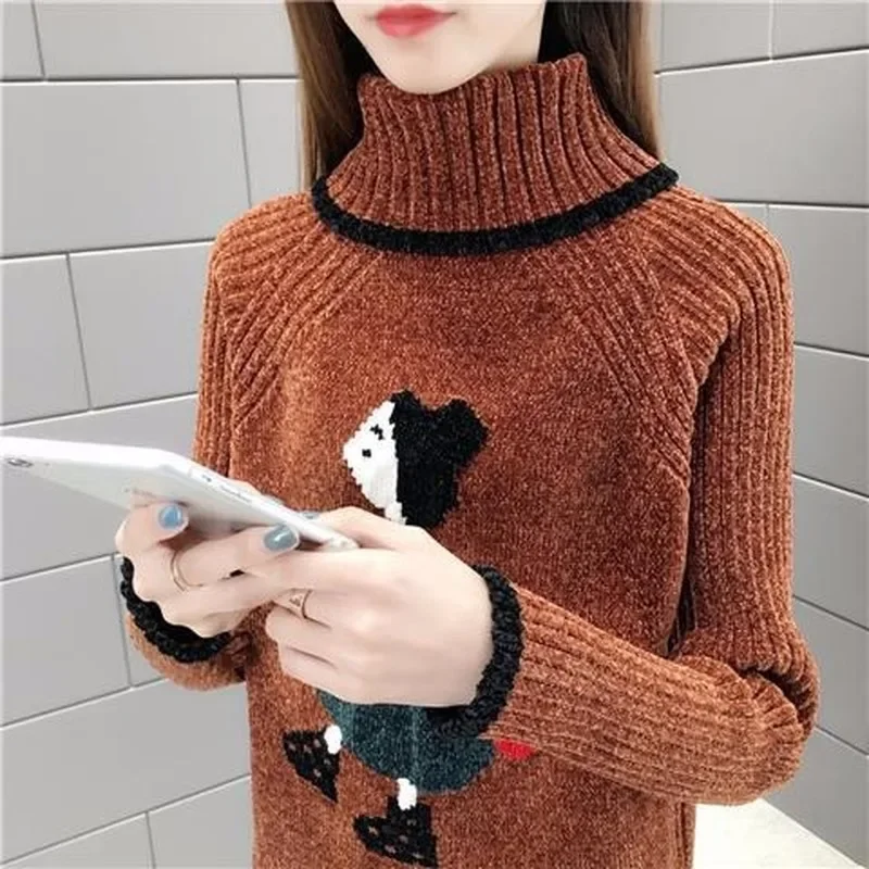 2023 Spring And Autumn Chenille Turtleneck Sweater Female Embroidery Cartoon Image Pullover Loose Knitted Base Shirt