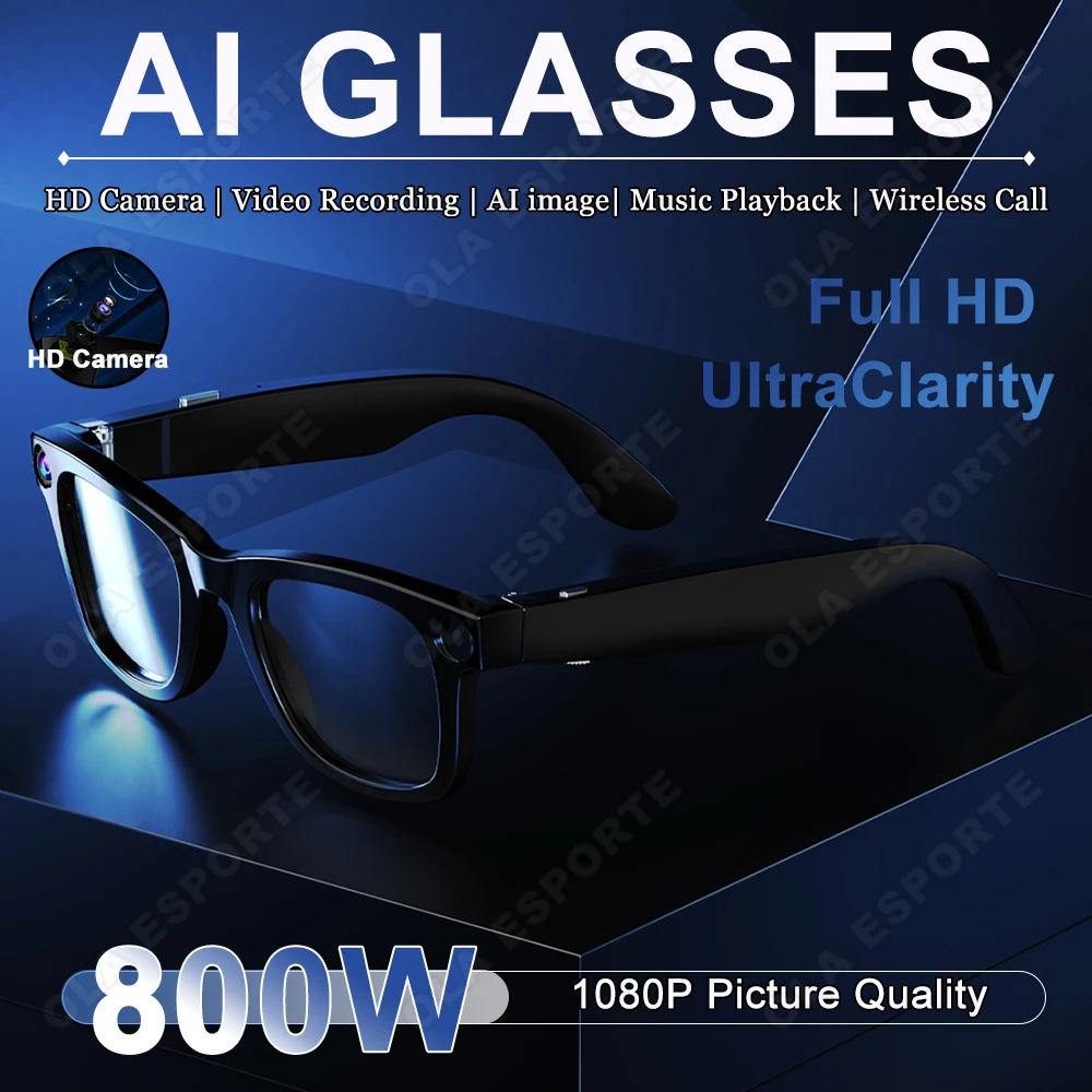 

2025 New 1080P HD AI Smart Glasses Music Voice Assistant 800MP Camera Bluetooth Call 200mAh Battery Waterproof Smart Glasses Men
