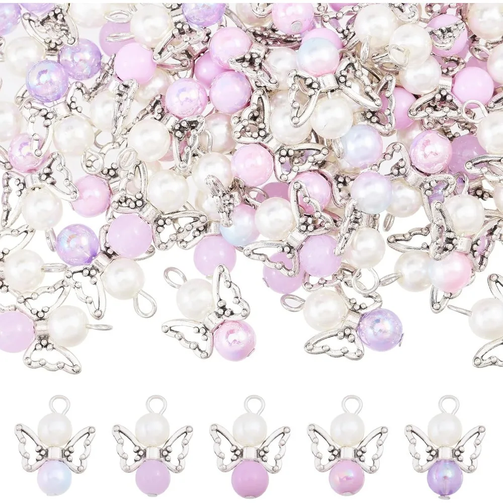 

Angel Wing Charms Angel Pendant Beads Acrylic Alloy Pendant with Iron Findings Round Decorations for DIY