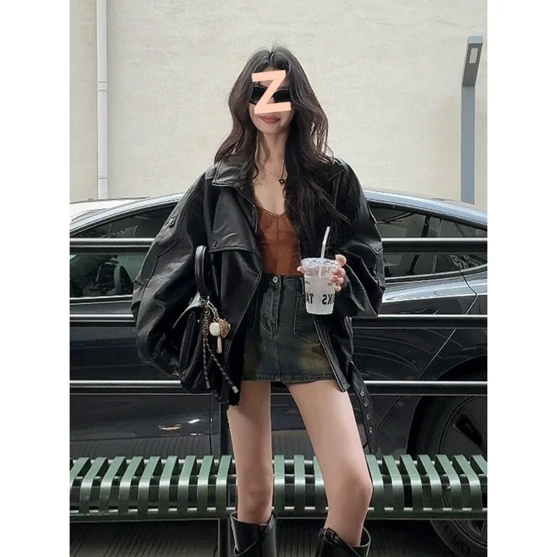 Kurtka damska w stylu koreańskim, czarna, retro, motocyklowa, z kołnierzem, ze skóry PU, nowa kolekcja jesień-zima 2025, odzież damska.