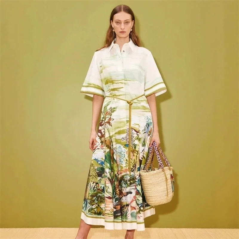 New Casual Fashion Linen Shirt Collar Cardigan Long Dress