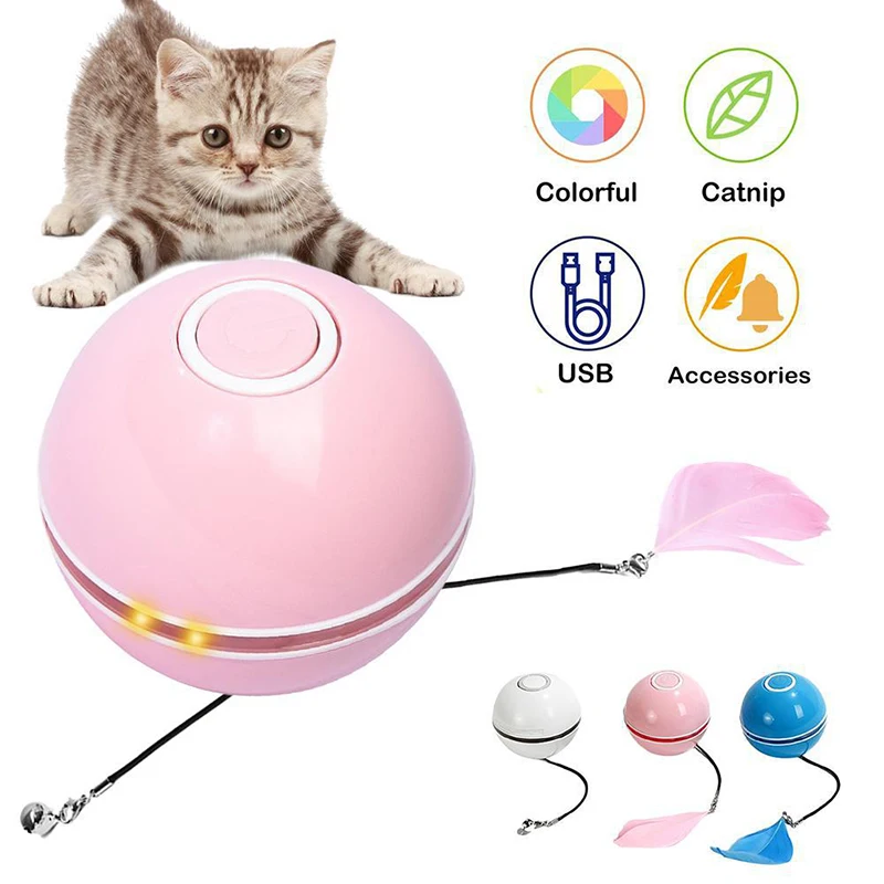 USB Charging Smart Interactive Cat Toy Ball Auto Rotate Colorful LED Funny Kitten Toy with Feather Bell Pet Play Accessories