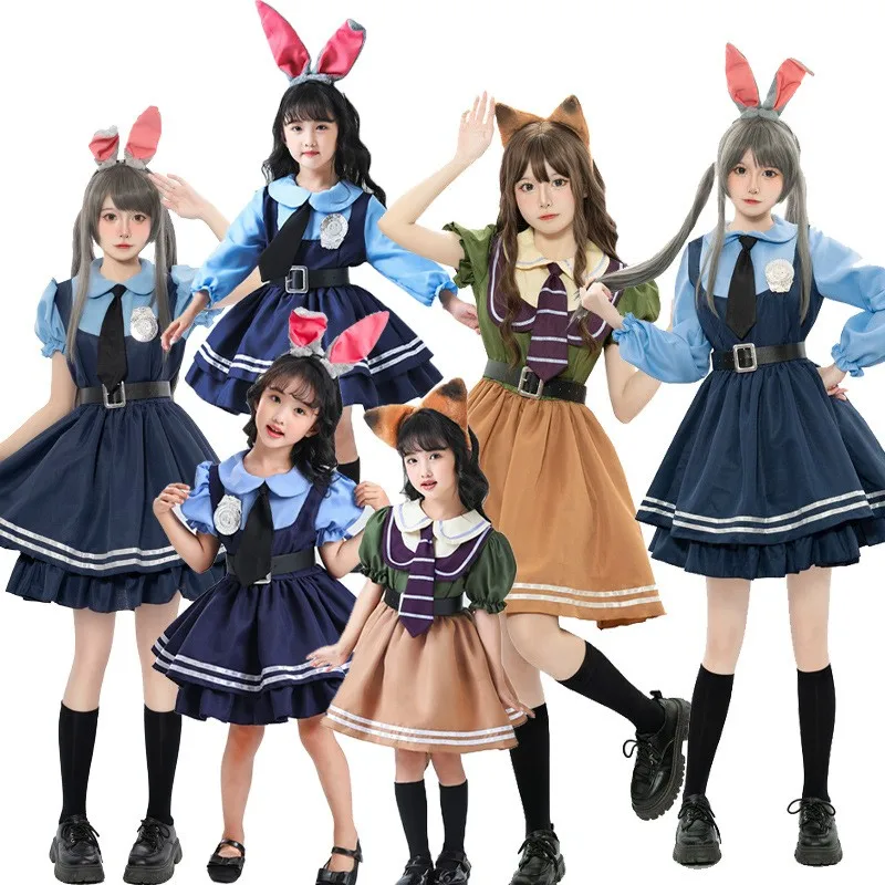 

Princess Uniform Costume Rabbit Police Officer Judy Niki Halloween Costume Zootopia Animal City Adult Children's Dress