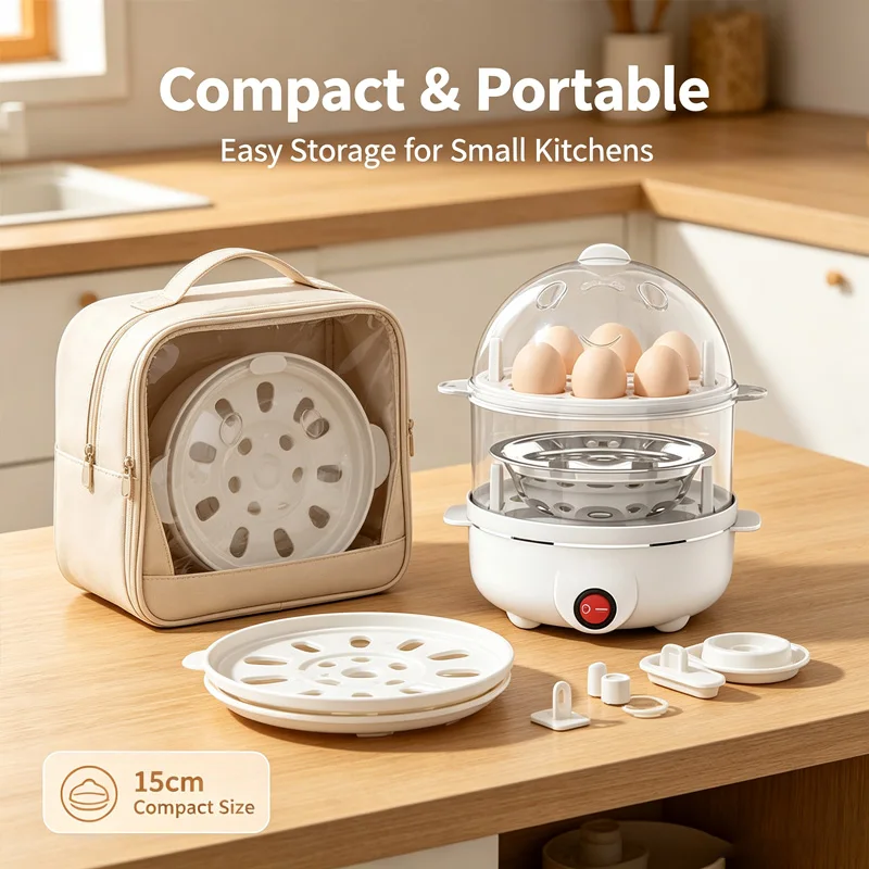 New Portable Electric Egg Cooker Double‑Layer Automatic Mini Egg Steamer Multifunctional Breakfast Maker Kitchen Cooking Tool