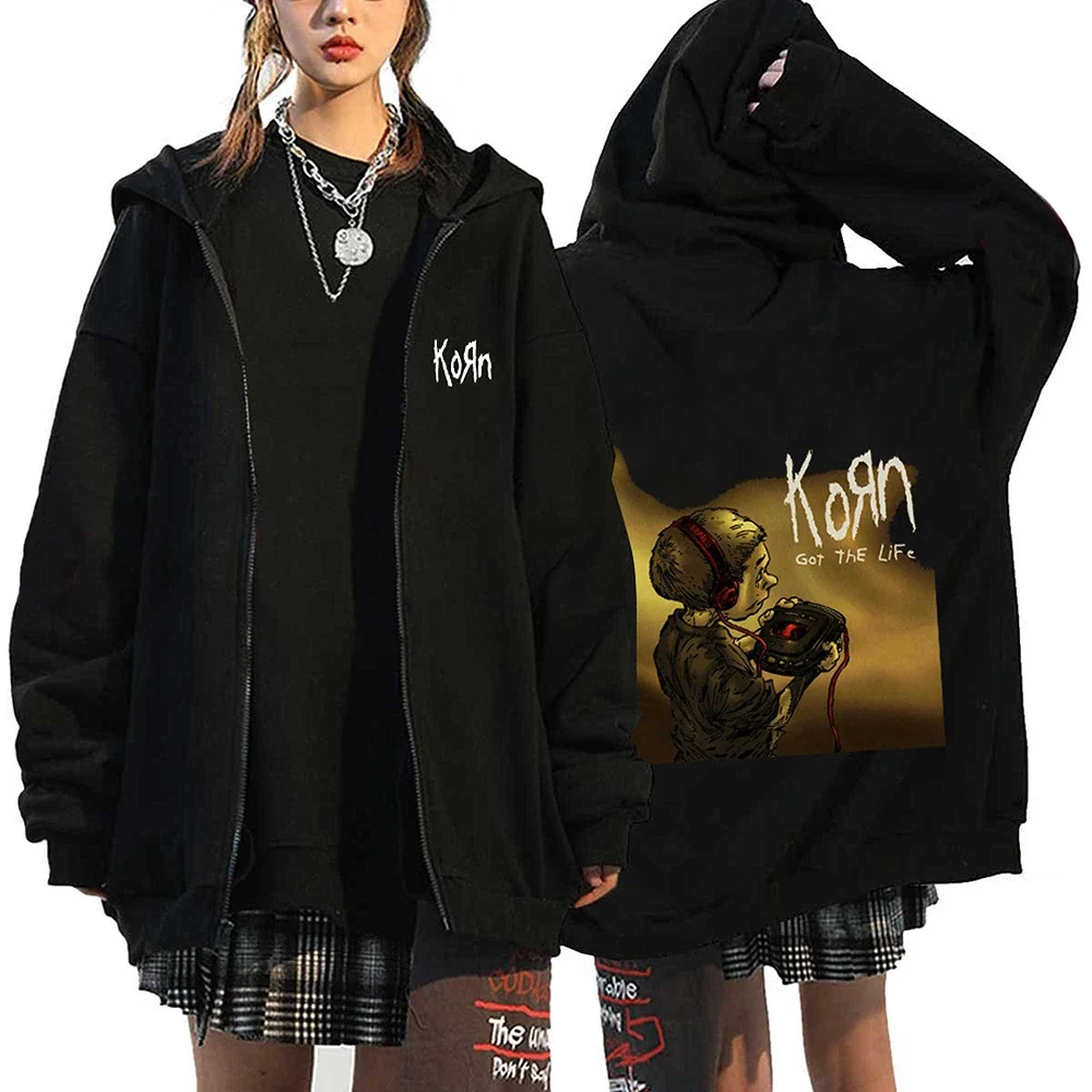 Korn Rock Hoodies WORLD TOUR Zipper Sweatshirts Korn Rock Metal Zip Up Jackets Fleece Oversized Jackets Coats Hip Hop Streetwear