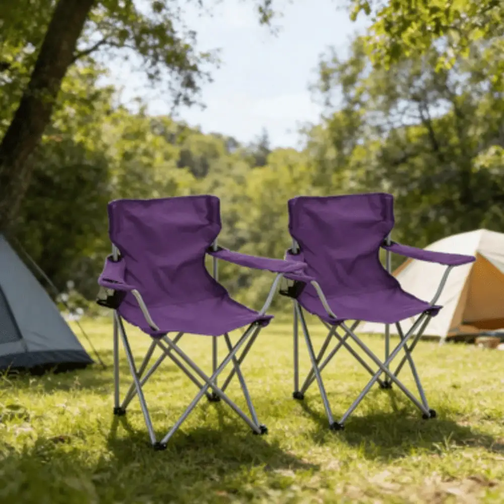

Foldable Camping Chair With Cup Holder And Side Pocket, Portable Quad Outdoor Seat For Beach, Fishing, And Lawn, Lightweight Compact Design, Purple