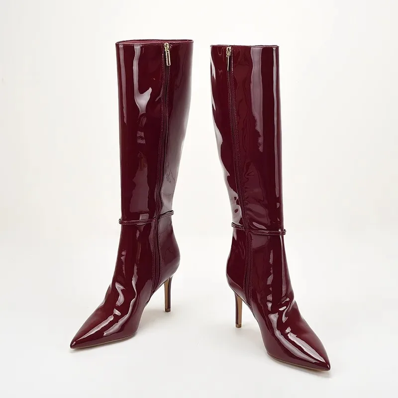 

Burgundy Wine Red Patent Leather Women's Long Boots Pointed Toe Stiletto High Heels Belt Buckle Zipper High-Top Boats Female New