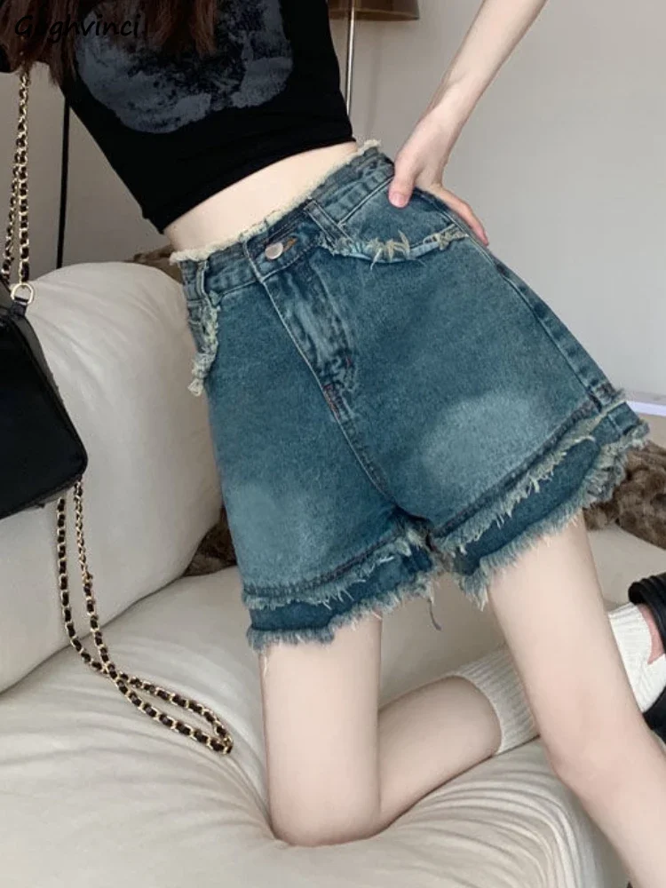 Denim Shorts Women Loose Design Tassel Retro Fashion Korean Style Streetwear Hot Girls Summer Stylish Leisure Daily All-match