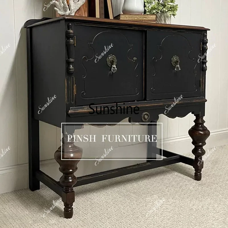 French retro old porch cabinet, black decoration against the wall, rural solid wood carving flowers