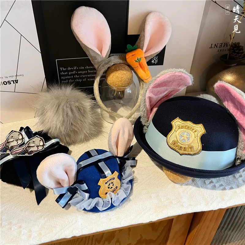 Disney Anime Zootopia Judy Hopps Rabbit Officer Halloween Cos Accessories Dome Short Brim Top Hat Cartoon Cute Rabbit Ear Hoops