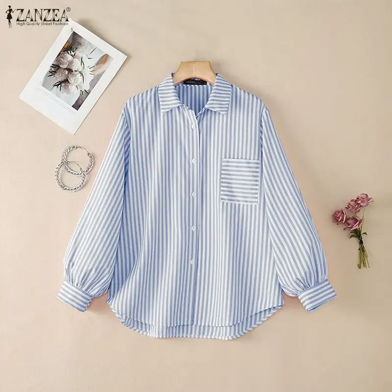

ZANZEA Muslim Fashion Woman Oversize Shirts Collared Long Lantern Sleeve Button Up Long Chemises Femme Islamic Hijabs Loose Tops