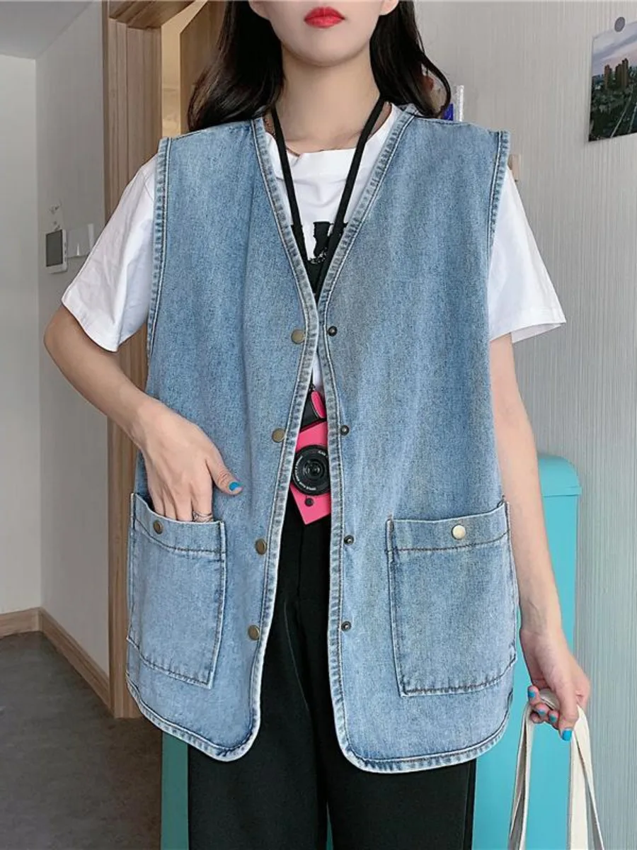 Large Size Denim Vest Women Spring Autumn Loose Fitting Outerwear Sleeveless Cargo Denim Vest Tank Top Jacket Streetwear