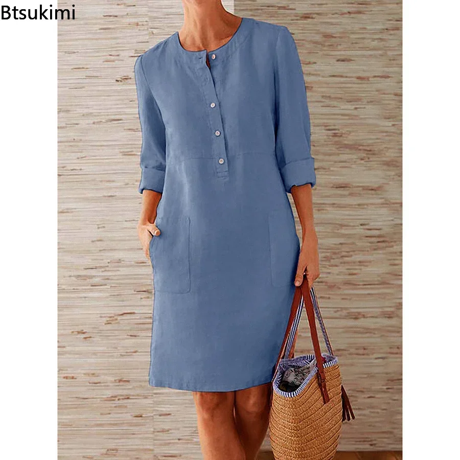 

2024 Spring New Women's Loose Casual Dress Cozy Cotton Linen Long Sleeve O-neck Buttons Dress Females All-match Pockets Vestidos