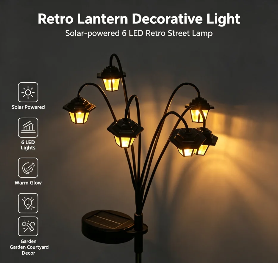 Solar Retro Lantern Garden Stake Light 6 LED Vintage Street Lamp Waterproof Outdoor Lawn Pathway Courtyard Landscape Decor