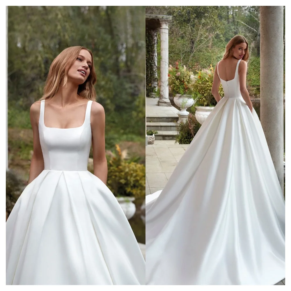 

Customized Simple White Satin Prom Dress Modern Strapless Spaghetti Straps Sleeveless Wedding Dress Formal Bridal Par
