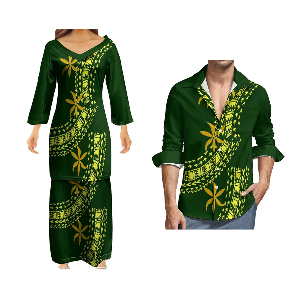 New V-neck Puletasi Polynesian Samoan Traditional Clothing Church Uniform Custom Women Couples Dress Three-Quarter Sleeves Ptaha