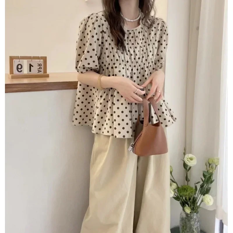 2024 Summer New Vintage French Style Puff Sleeve Round Neck Polka Dot Shirt Top Women's Doll Version Small Shirt