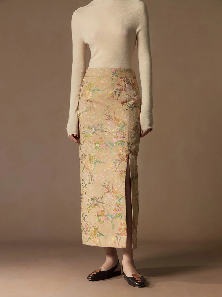 

Новая китайская юбка Sle f с цветочной вышивкой и разрезом с высокой талией, прямая трубчатая юбка для женщин