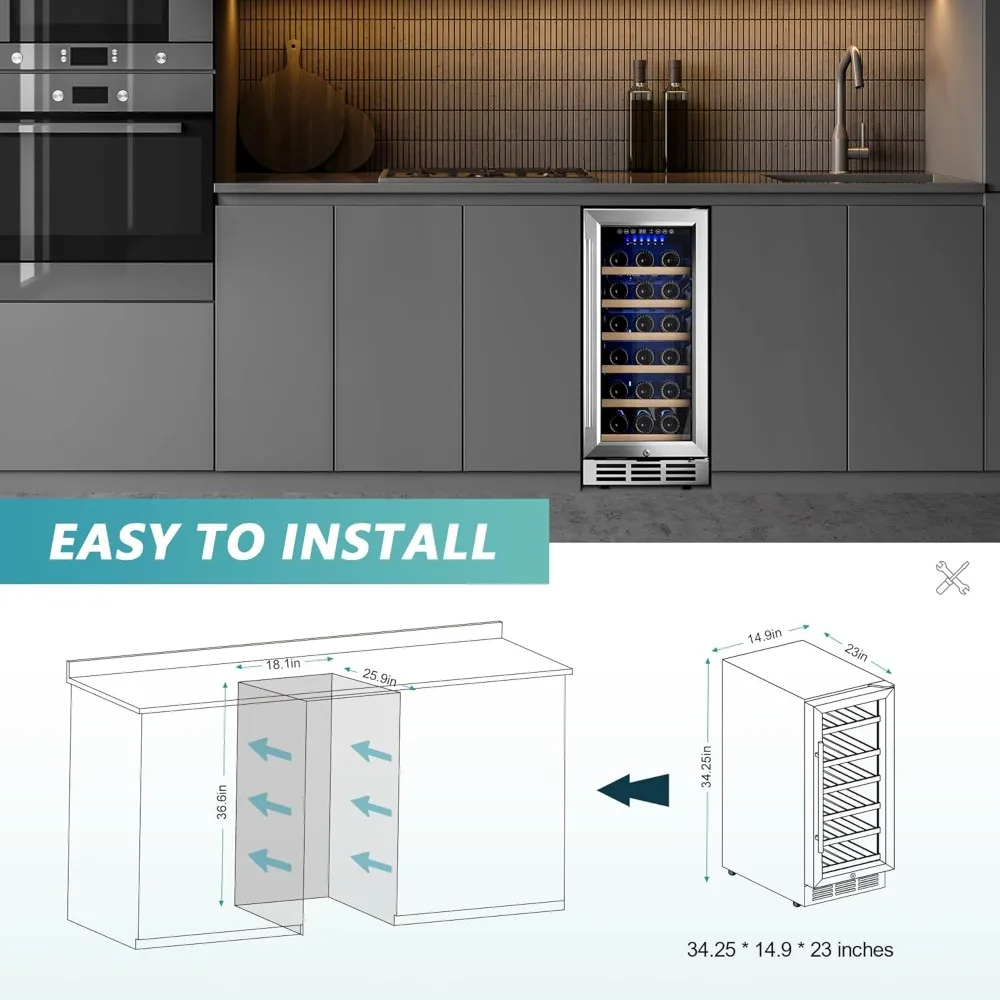 15 Inch Under-counter Refrigerators,Single Zone,Digital Temperature Control,Freestanding Wine Chiller with Removable Shelves