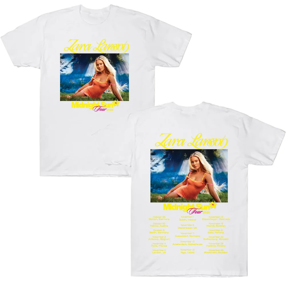 Zara Larsson منتصف الليل جولة الشمس 2025 تي شيرت الرجال النساء القطن تيز Ummer عادية كم قصير الجولة الرقبة الملابس بلوزات فضفاضة الاتجاه
